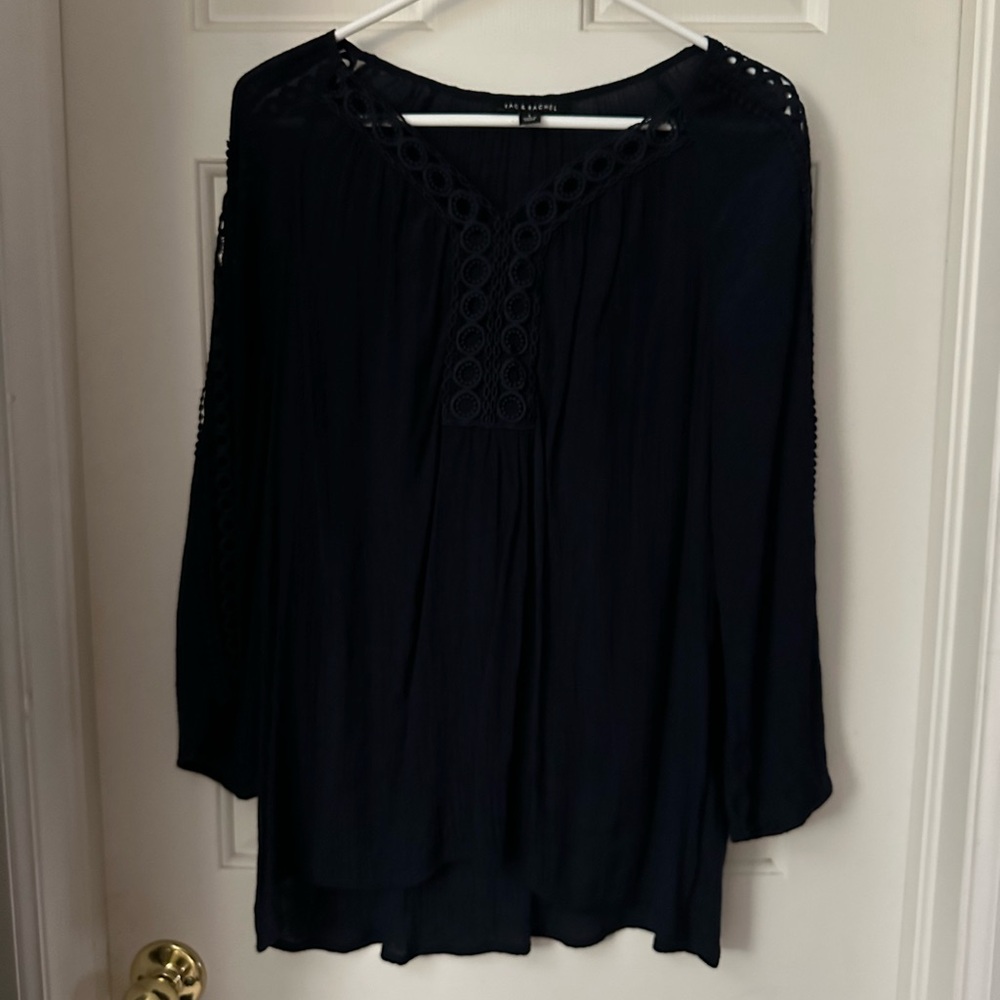 Navy flutter sleeve blouse
